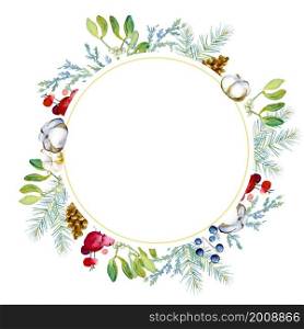 Round frame made up of fir and juniper branches, cones, red and blue berries, cotton bolls. Beautiful background for cards and invitations or other design.. decorative composition of christmas elements, in a round frame