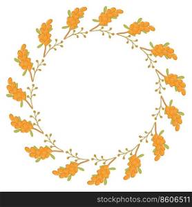 round frame of sea buckthorn twigs for poster banner postcards. frame of autumn elements for the poster
