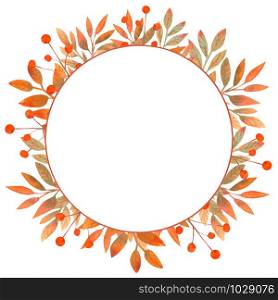Round frame with autumn leaves on white isolated . Watercolor illustration. Round frame with autumn leaves on white isolated . Watercolor illustration.