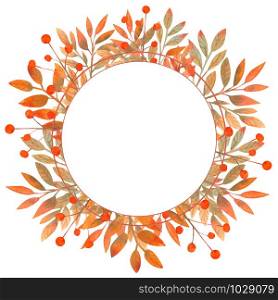 Round frame with autumn leaves on white isolated . Watercolor illustration. Round frame with autumn leaves on white isolated . Watercolor illustration.