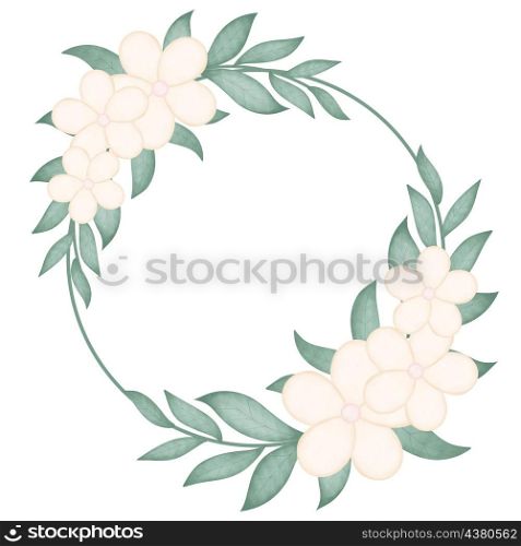 Round frame with delicate flowers and leafy twigs. Circular floral botanical wreath. Rim template for invitation, postcard or congratulations. Round frame with delicate flowers and leafy twigs