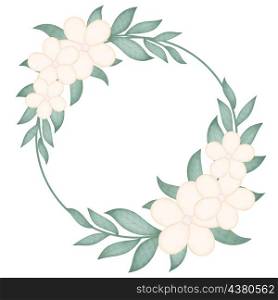 Round frame with delicate flowers and leafy twigs. Circular floral botanical wreath. Rim template for invitation, postcard or congratulations. Round frame with delicate flowers and leafy twigs
