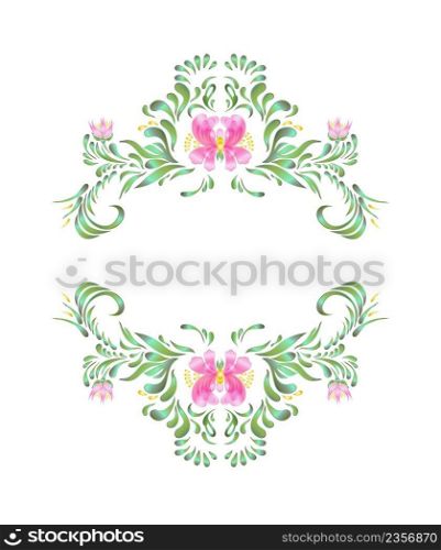 Round frame with  flowers on white background in pastel pink colors. Floral greeting card.. Round frame with pink flowers 