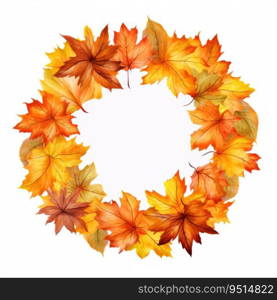 Round frame with orange and yellow maple leaves. Autumn wreath.