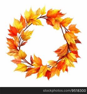 Round frame with orange and yellow maple leaves. Autumn wreath.