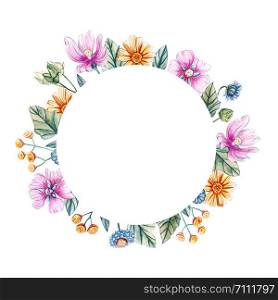 Round frame with watercolor wildflowers. Wreath for a wedding on a white background with pink flowers, leaves and buds of mallow. Autumn, summer and spring seasons. There is a place for text.. Round frame with watercolor wildflowers.