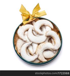 Round Gift box full of Traditional German or Austrian Vanillekipferl vanilla kipferl cookies. High quality photo. Round Gift box full of Traditional German or Austrian Vanillekipferl vanilla kipferl cookies