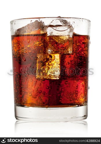 Round glass of cola with ice isolated on white background