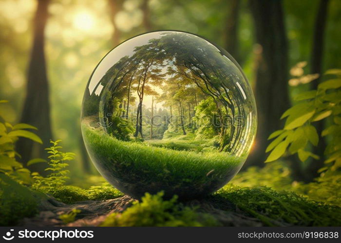 Round Globe Glass Environment on Grass Filled with Nature, Globe Glass in Green Forest with Sunlight. Generative ai. High quality illustration. Round Globe Glass Environment on Grass Filled with Nature, Globe Glass in Green Forest with Sunlight. Generative ai