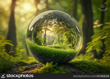 Round Globe Glass Environment on Grass Filled with Nature, Globe Glass in Green Forest with Sunlight. Generative ai. High quality illustration. Round Globe Glass Environment on Grass Filled with Nature, Globe Glass in Green Forest with Sunlight. Generative ai