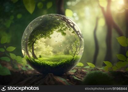 Round Globe Glass Environment on Grass Filled with Nature, Globe Glass in Green Forest with Sunlight. Generative ai. High quality illustration. Round Globe Glass Environment on Grass Filled with Nature, Globe Glass in Green Forest with Sunlight. Generative ai