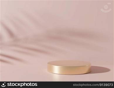 Round golden podium on pink background, with palm leaves shadows. Podium for product, cosmetic presentation. Mock up. Pedestal or platform for beauty products. Empty scene. 3D rendering. Round golden podium on pink background, with palm leaves shadows. Podium for product, cosmetic presentation. Mock up. Pedestal or platform for beauty products. Empty scene. 3D rendering.