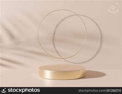 Round golden podium with golden ring on cream background. Podium for product, cosmetic presentation. Mock up. Pedestal or platform for beauty products. Empty scene. 3D rendering. Round golden podium with golden ring on cream background. Podium for product, cosmetic presentation. Mock up. Pedestal or platform for beauty products. Empty scene. 3D rendering.