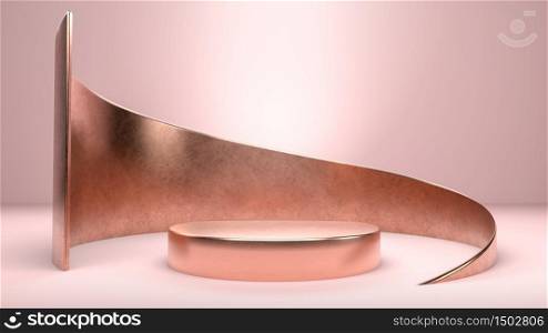 Round golden stage, podium or pedestal in pink background. Perfect background for presenting, branding or identity of your product or company. Place object or product on podium. 3d render. Round golden stage, podium or pedestal in pink background. Perfect background for presenting, branding or identity of your product or company. Place object or product on podium. 3d illustration