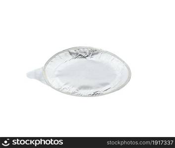round gray aluminum thin lid for plastic yogurt jars on a white background, top view