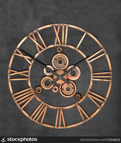 Round industrial wall clock made of metal and real gears on a granite black background.. Unusual industrial wall clock made of metal and real gears on a granite black background.
