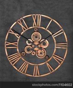 Round industrial wall clock made of metal and real gears on a granite black background.. Unusual industrial wall clock made of metal and real gears on a granite black background.