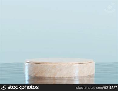 Round marble podium standing in water, blue background. Mock up for product, cosmetic presentation. Pedestal or platform for beauty products. Empty scene. Stage, display, showcase. 3D render. Round marble podium standing in water, blue background. Mock up for product, cosmetic presentation. Pedestal or platform for beauty products. Empty scene. Stage, display, showcase. 3D render.