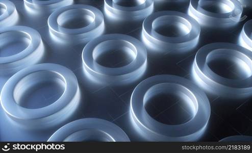 Round matte shapes lying on 3d render floor with digital abstract lines. Geometric abstract composition for cyber interior and web presentation. Realistic graphics with futuristic designs. Round matte shapes lying on 3d render floor with digital abstract lines. Geometric abstract composition for cyber interior and web presentation. Realistic graphics with futuristic designs.. Glass rings with soft lighting