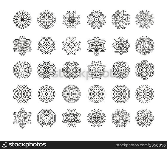 Round ornament pattern. Hand drawn black background.. Mandala art set.