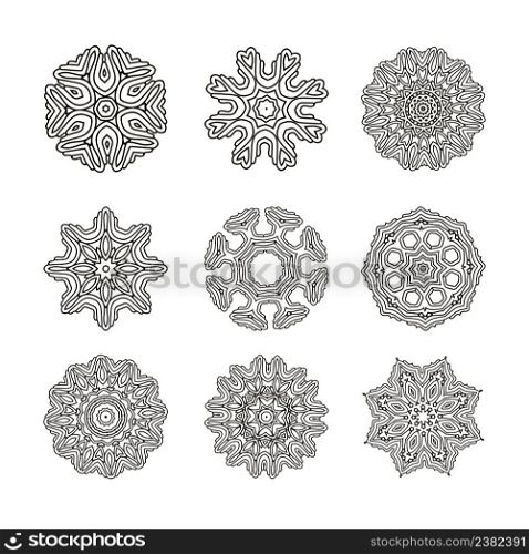 Round ornament pattern. Hand drawn black background.. Mandala art set.