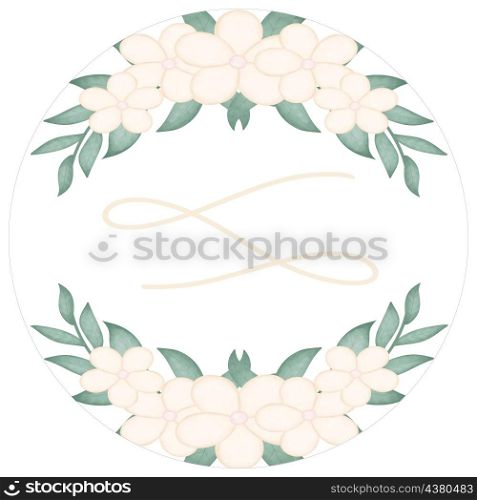 Round pattern with watercolor flower decor. Gentle flowers and deciduous sprigs decoration. Tag for invitation or postcard. Round pattern with watercolor flower decor