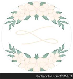 Round pattern with watercolor flower decor. Gentle flowers and deciduous sprigs decoration. Tag for invitation or postcard. Round pattern with watercolor flower decor