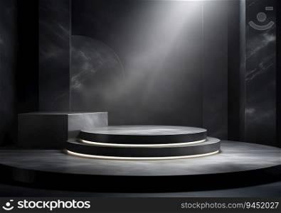 Round pedestals, black marble cylinder, leaves. Sculptural composition for creative advertising. Empty podium, base for product promotion. Luxury Black dark golden mockup. AI Generative