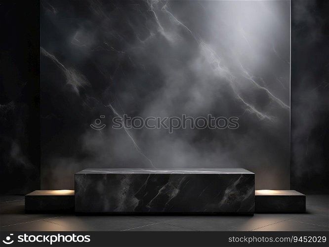 Round pedestals, black marble cylinder, leaves. Sculptural composition for creative advertising. Empty podium, base for product promotion. Luxury Black dark golden mockup. AI Generative