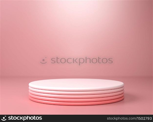 Round pink gradient stage, podium or pedestal over pink paper background in studio. 3D render. Background or mockup for cosmetics or fashion. Use for product identity, branding and presenting. Place your object or product on pedestal.. Round pink gradient stage, podium or pedestal over pink paper background in studio. 3D illustration. Background or mockup for cosmetics or fashion. Use for product identity, branding and presenting. Place your object or product on pedestal.