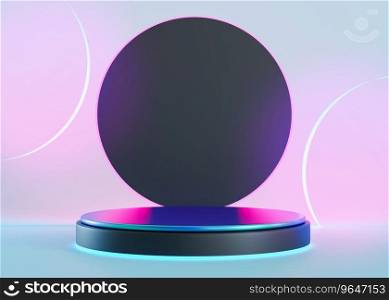 Round podium, holographic colors. Mock up for product, cosmetic presentation. Pedestal or platform for beauty products. Empty scene. Stage, display, showcase. Neon light. 3D render. Round podium, holographic colors. Mock up for product, cosmetic presentation. Pedestal or platform for beauty products. Empty scene. Stage, display, showcase. Neon light. 3D render.