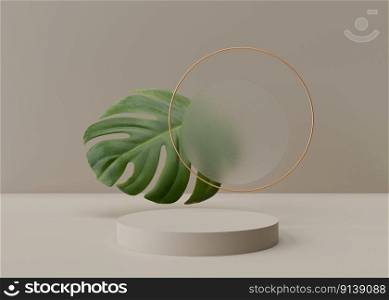 Round podium with tropical leaf on light brown background. Podium for product, cosmetic presentation. Mock up. Pedestal or platform for beauty products. Empty scene. 3D rendering. Round podium with tropical leaf on light brown background. Podium for product, cosmetic presentation. Mock up. Pedestal or platform for beauty products. Empty scene. 3D rendering.
