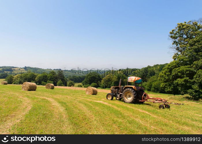 Round rolled hay bales in agricultural landscape