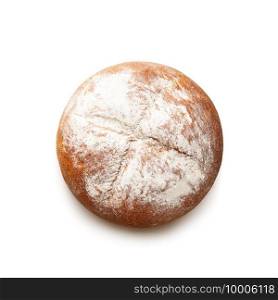 Round rye baked grain bread isolated on white background. Top view. Round rye baked grain bread