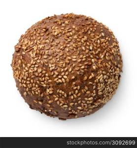 Round rye bun with sesame seeds, isolated on white background. Rye bun with sesame seeds