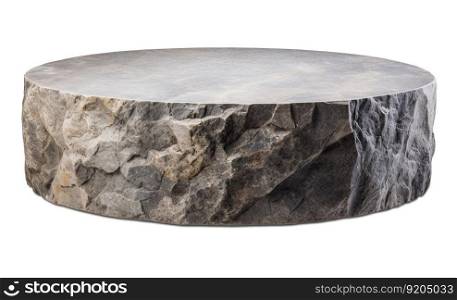 Round stone podium isolated on white background. Natural stage for product, cosmetic presentation. Mock up. Pedestal or platform for beauty products. Empty scene. Generative AI. Round stone podium isolated on white background. Natural stage for product, cosmetic presentation. Mock up. Pedestal or platform for beauty products. Empty scene. Generative AI.
