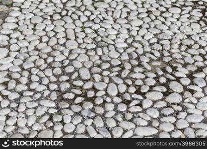 Round stones in the ground. Texture of the cobblestones in Park. Paved road for pedestrians. The paving stones. Background