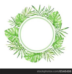 Round watercolor tropical floral frame with green palm leaves on a white background. Round watercolor tropical floral frame