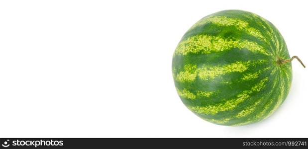 Round watermelon isolated on white background. Wide photo. Free space for text.