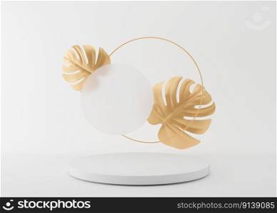 Round white podium with golden tropical leaves on white background. Podium for product, cosmetic presentation. Mock up. Pedestal or platform for beauty products. Empty scene. 3D rendering. Round white podium with golden tropical leaves on white background. Podium for product, cosmetic presentation. Mock up. Pedestal or platform for beauty products. Empty scene. 3D rendering.