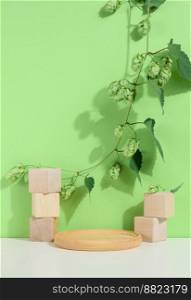 Round wooden empty podium and wooden cubes with branches and green leaves on a white table. Cosmetics advertising and display stage