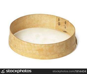 round wooden kitchen sieve on white background, utensils