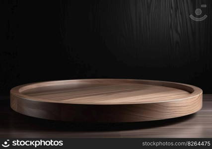 Round wooden podium on dark background. Natural stage for product, cosmetic presentation. Mock up. Pedestal or platform for products. Empty scene. Generative AI. Round wooden podium on dark background. Natural stage for product, cosmetic presentation. Mock up. Pedestal or platform for products. Empty scene. Generative AI.