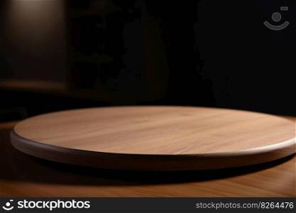 Round wooden podium on dark background. Natural stage for product, cosmetic presentation. Mock up. Pedestal or platform for products. Empty scene. Generative AI. Round wooden podium on dark background. Natural stage for product, cosmetic presentation. Mock up. Pedestal or platform for products. Empty scene. Generative AI.
