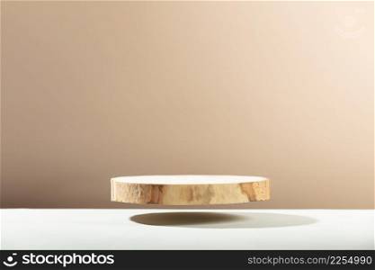 Round wooden saw cut cylinder shape on beige background abstract background. Minimal box and geometric podium. Scene with geometrical forms. Empty showcase for eco cosmetic product presentation