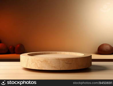 Round wooden saw cut cylinder shape on beige background abstract background. product podium with architecture columns on warm tone. AI Generative.