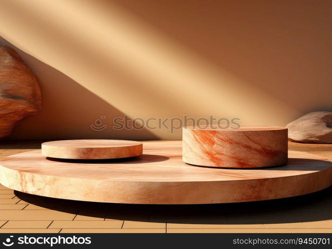 Round wooden saw cut cylinder shape on beige background abstract background. product podium with architecture columns on warm tone. AI Generative.