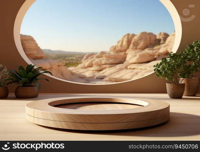 Round wooden saw cut cylinder shape on beige background abstract background. product podium with architecture columns on warm tone. AI Generative.