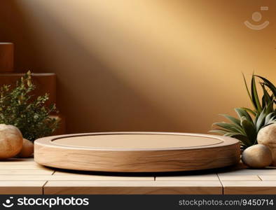 Round wooden saw cut cylinder shape on beige background abstract background. product podium with architecture columns on warm tone. AI Generative.