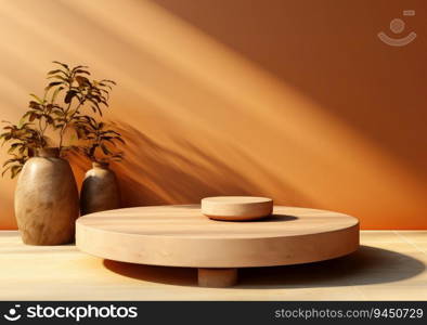 Round wooden saw cut cylinder shape on beige background abstract background. product podium with architecture columns on warm tone. AI Generative.